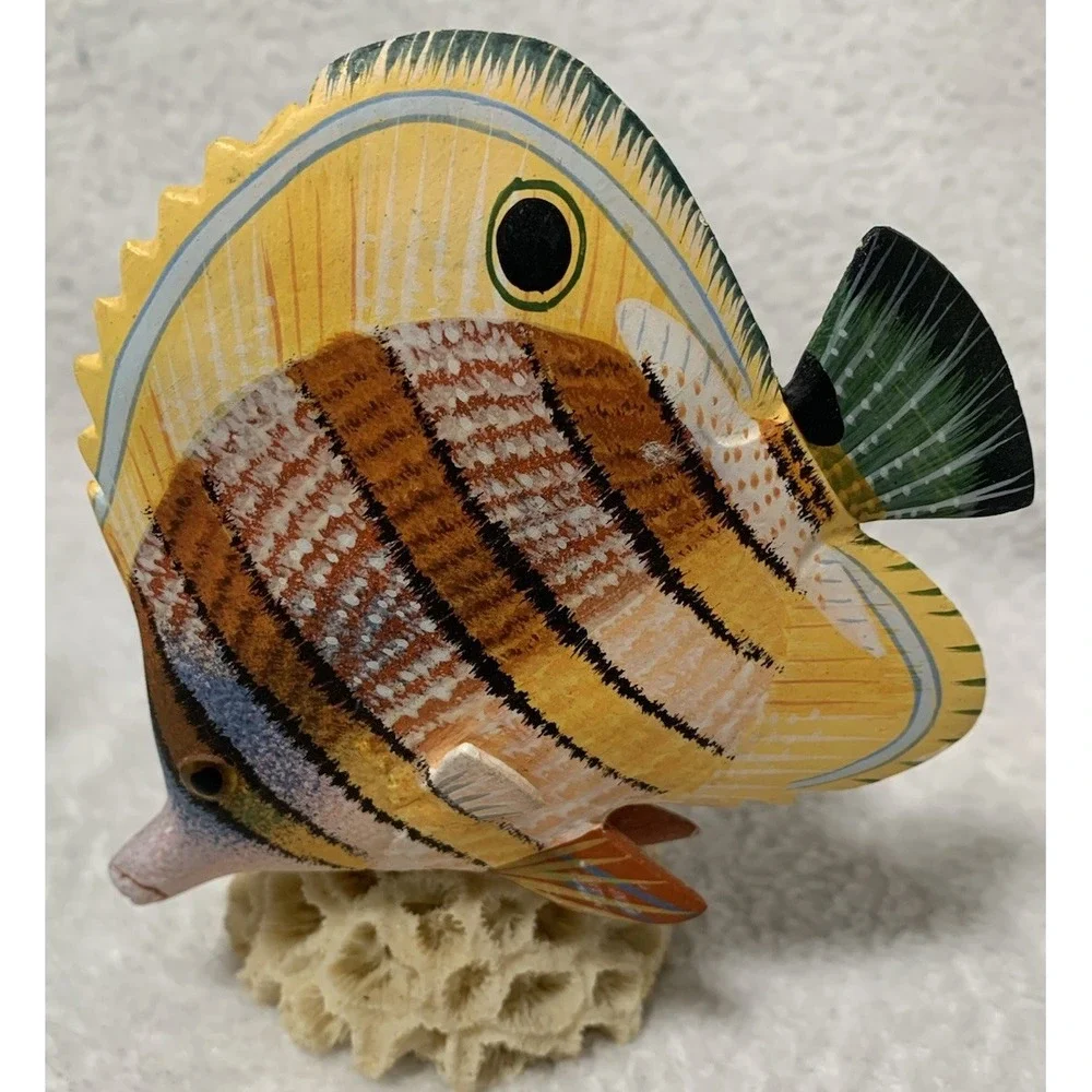 Hand Carved Wood Hand Painted Tropical Fish on Real Coral Base 5